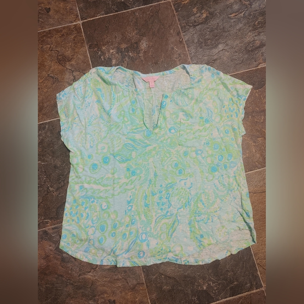 Lilly Pulitzer Linen Top Women's Size Large Blue Green Print V-Neck Shirt